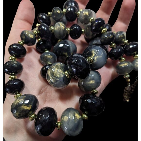 Whimsical Black And Grey Acrylic Beaded Necklace With Gold Tone Shimmer - Picture 2 of 6